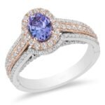 ENCHANTED ARIEL OVAL TANZANITE AND CRYSTAL DOUBLE FRAME ENGAGEMENT RING IN TWO-TONE COPPER AND ZINC ALLOY